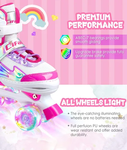 Vista 4 de Patines negros y rosados para niñas y niños de 4 a 13 años, 4 tamaños, ruedas iluminadas y diseño superior brillante
