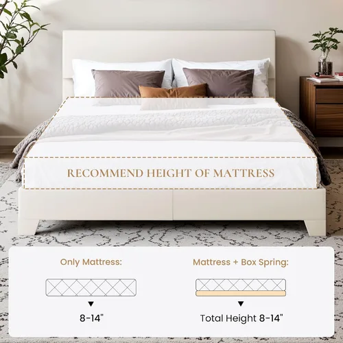 Vista 7 de SHA CERLIN Base de cama tamaño completo con cabecera ajustable, plataforma tapizada de piel sintética con listones de madera, base de colchón Blanco