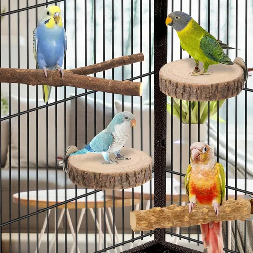 Vista 3 de Perchas para pájaros de 7 piezas para jaula, soporte de madera para loros con tenedor, plataforma colgante de múltiples ramas, columpio para hamaca