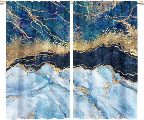 Vista 18 de Cortinas abstractas de mármol de lujo de lujo azul marino dorado a rayas con patrón de mármol estampado para dormitorio, sala de estar, cortinas