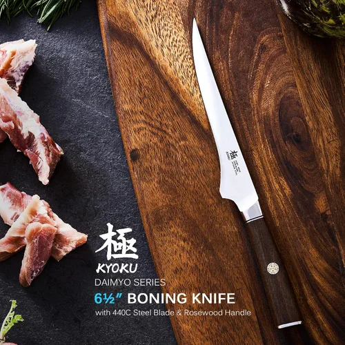 Vista 2 de KYOKU Cuchillo deshuesador de 6.5 pulgadas – Serie Daimyo – Cuchillo de carnicero con mango ergonómico de palisandro y pasador de mosaico – Cuchillo