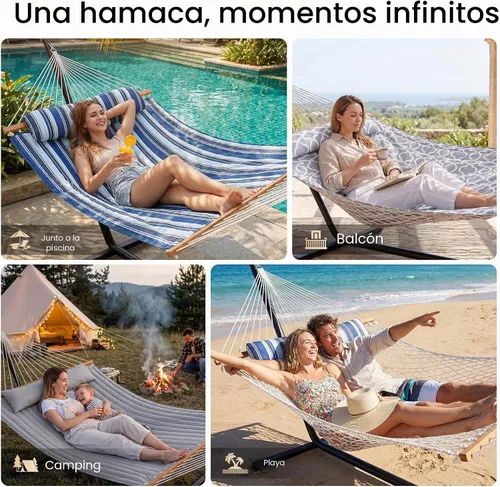 Vista 7 de Everyfun - Hamaca para 2 personas al aire libre con soporte, hamaca de cuerda de algodón con almohadilla de poliéster, estructura de acero