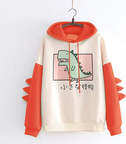 Vista 5 de Sudadera de invierno Kawaii de manga larga con capucha para mujer, diseño de dinosaurio, estampado japonés