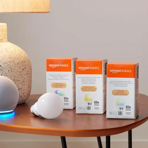 Vista 7 de Amazon Basics Bombilla LED inteligente A19, cambio de color, 9 W (equivalente a 60 W), 800 lm, funciona solo con Alexa, WiFi 2.4 GHz, no requiere
