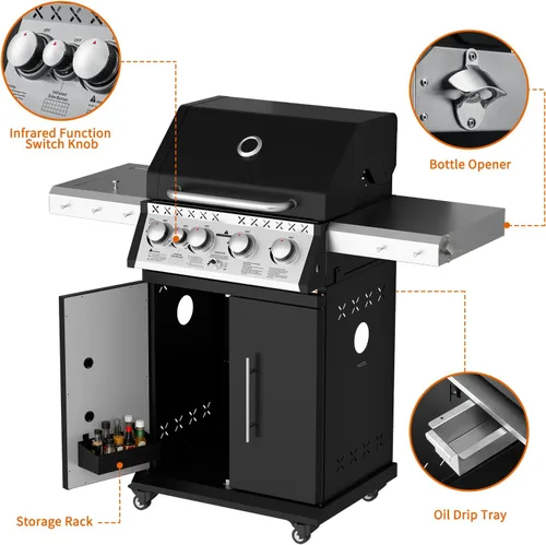 Vista 8 de SKOK Parrilla de gas propano de 4 quemadores con quemadores laterales y traseros infrarrojos, parrilla de barbacoa al aire libre con rejillas