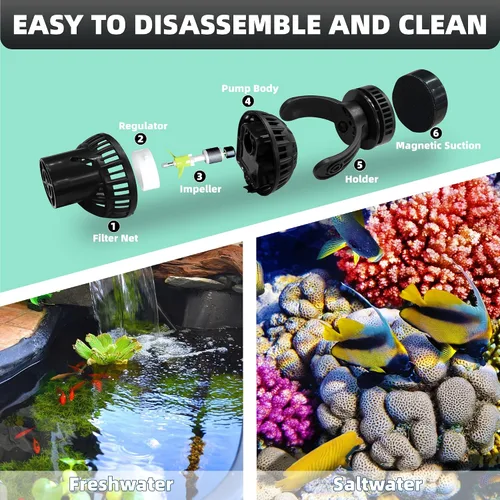 Vista 5 de Bomba de onda para acuario: 6W 1056GPH 360° Cabezal de potencia ajustable Bomba de circulación de pecera con base de succión magnética para agua