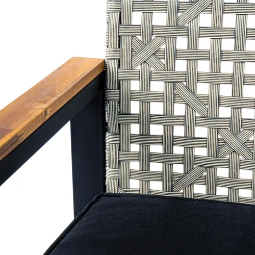Vista 6 de JONATHAN Y Wilder - Juego de patio al aire libre de 4 piezas, color blanco lavado PE Rattan Woven Conversation Seating, Acacia Wood Table, Black