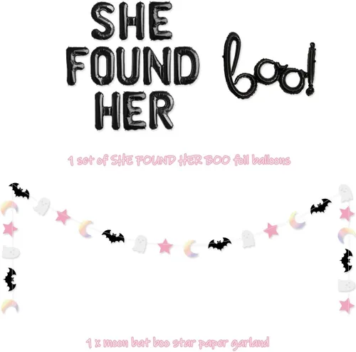 Vista 2 de Glamoncha Banner de globos con texto en inglés "She Found Her Boo" para Halloween, fiesta de despedida de soltera, suministros de decoración