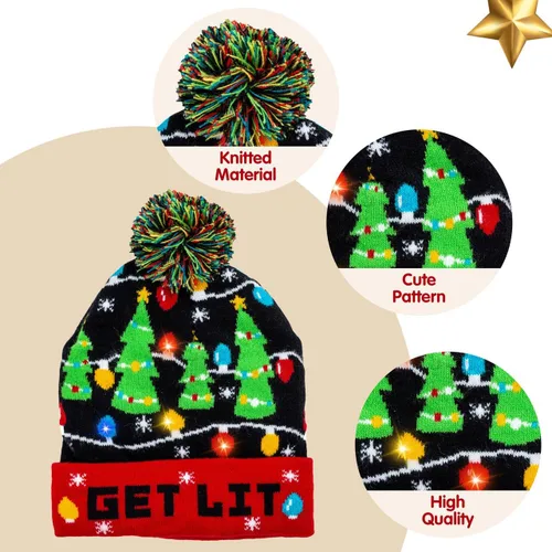 Vista 3 de JOYIN Gorro de punto con luz de Navidad, suéter feo de Navidad, gorro LED con 6 modos intermitentes, divertido gorro para mujeres y hombres