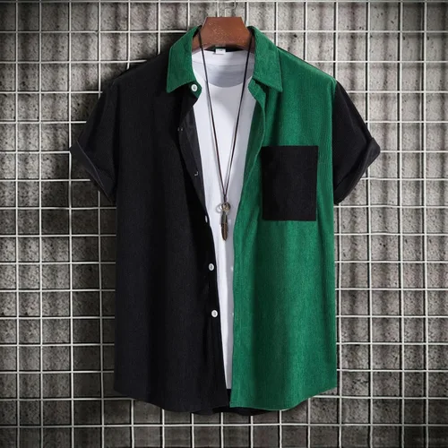 Vista 2 de Camiseta de manga corta con estampado de patchwork de lino y algodón para Hombre, blusa con botones bolsillo hawaiano