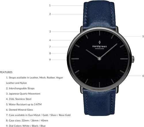 Vista 2 de Nordgreen Reloj de metal nativo escandinavo con esfera negra y correas intercambiables