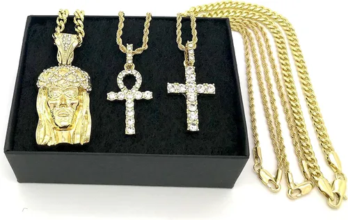 Vista 4 de Shiny Jewelers USA Juego de collar de cadena con colgante de hip hop y diseño de Jesús, manos rezando, tobillos, cruz y ángel, Metal, Circonia cúbica