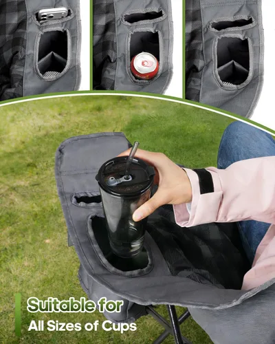 Vista 6 de Silla de campamento doble acolchada, sofá de campamento de gran tamaño para 2 personas con bolsa de transporte 2 en 1, silla de césped plegable Gris