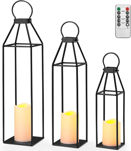 Vista 10 de Perfnique Linternas de metal con madera de pino, juego de 2 linternas de estilo casa de campo decorativas con vela sin llama impermeable