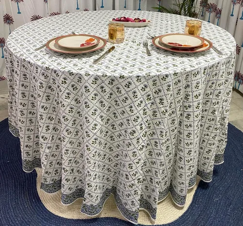 Vista 36 de Mantel redondo con estampado de bloque a mano, 100% algodón, reutilizable, color verde espárragos, 60 pulgadas, mantel decorativo para uso diario