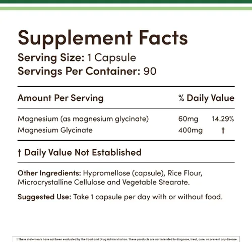 Vista 2 de Glicinato de magnesio 400 mg, 90 cápsulas (apto para veganos, probado por terceros, sin gluten, sin OMG) Magnesio de alta absorción de Double Wood