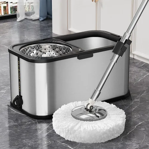Vista 8 de Trapeador giratorio y cubo con escurridor para el hogar, trapeador de 360° y cubo con agua limpia y sucia separada, mopa de polvo húmedo