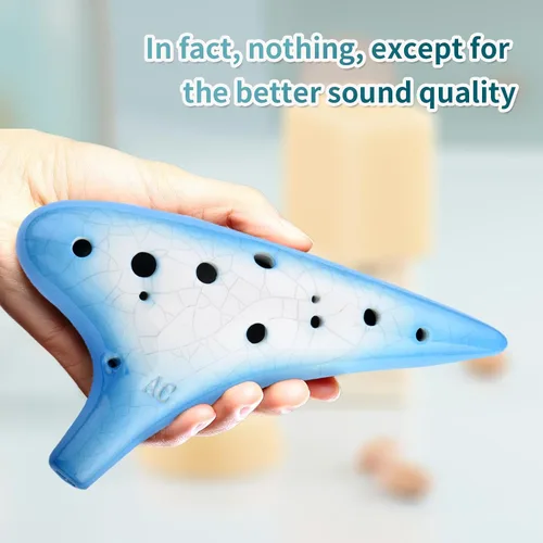 Vista 3 de Joy of Wood Thrush - Ocarina transversal de 12 agujeros en Do alto de cerámica tipo batata, con bolsa protectora y cancionero (Azul degradado)
