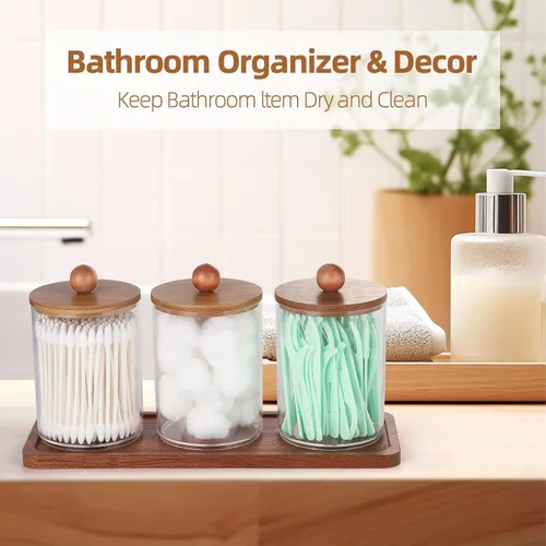 Vista 6 de Tbestmax - Soporte Qtip con bandeja de tocador, dispensador de recipientes de baño transparentes para almacenamiento, soporte para hisopos