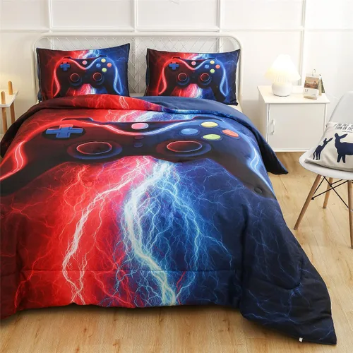 Vista 2 de Meeting Story Juego de ropa de cama con estampado de consola de videojuegos rojo y azul para niños, consola de juegos, botones de acción, colorido