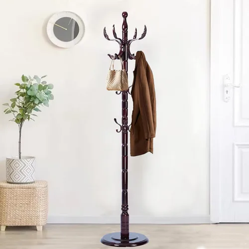 Vista 15 de Perchero de madera independiente, colgador de árbol de pasillo con ganchos de resina, perchero ajustable y resistente para colgar ropa, bolsas
