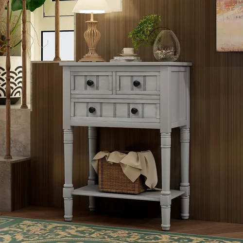 Vista 12 de P PURLOVE Mesa consola estrecha antigua, mesa de entrada delgada para sofá con 3 cajones de almacenamiento para sala de estar, entrada Beige