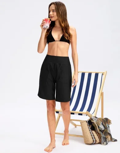 Vista 6 de Viodia Pantalones cortos de natación para mujer de 9 pulgadas de largo con bolsillos, cintura alta, trajes de baño de playa, hasta la rodilla