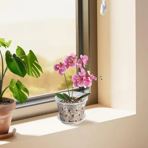 Vista 6 de 5 macetas de plástico transparente para orquídeas con agujeros y platillos, macetas transparentes para trasplantar, excelente drenaje y ventilación