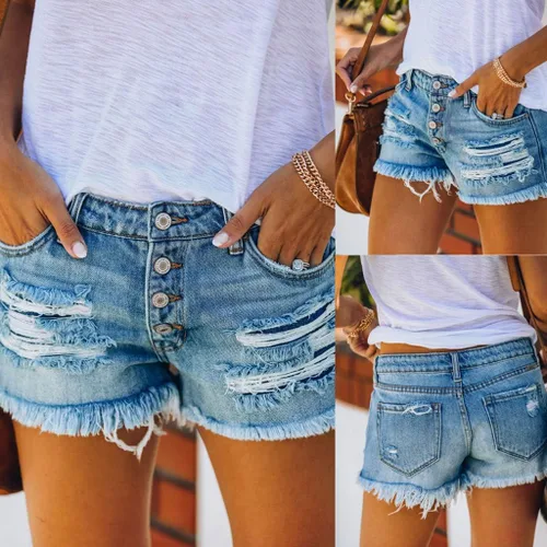 Vista 2 de 2023 Pantalones cortos de mezclilla de sarga elástica para mujer, estampado floral, dobladillo sin procesar, pantalones cortos elásticos