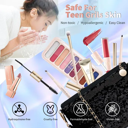 Vista 4 de Color Nymph Kit de maquillaje para mujeres, niñas, principiantes, todo en uno, con bolsa de lentejuelas, paleta de sombra de ojos de 9