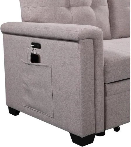 Vista 6 de Lilola Home Nathan - Sofá modular reversible de lino gris claro de 84 pulgadas con diván de almacenamiento y puertos de carga USB, sofá esquinero