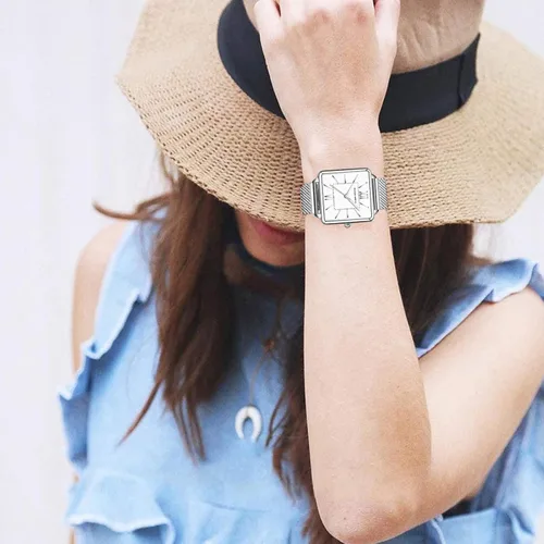 Vista 2 de HANNAH MARTIN Relojes para mujer, correa de acero inoxidable de malla de oro rosaplata, casual, impermeable, reloj de pulsera para mujer con esfera