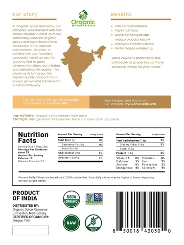 Vista 2 de SHOPOSR - Ajo en polvo orgánico 8 onzas (7.97 oz) Producto de la India 100% crudo y natural Bolsa de papel kraft resellable por SHOPOSR