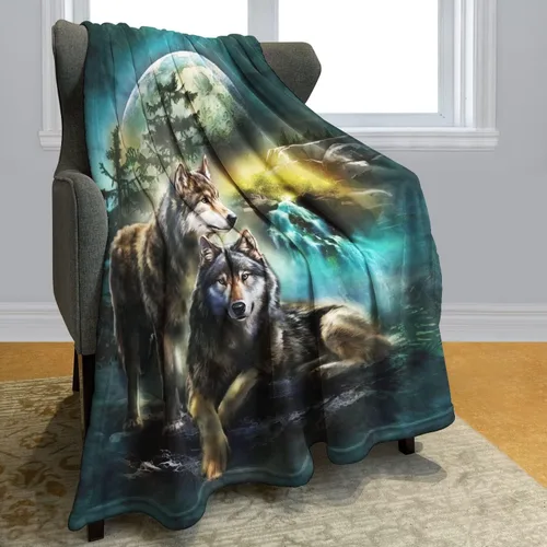 Vista 2 de HommomH Manta de forro polar suave y esponjosa de 40"x50" para sofá cama Luna Lobo Verde