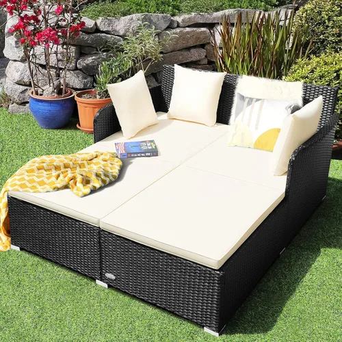 Vista 2 de HAPPYGRILL Sofá cama de ratán para exteriores, juego de sofá cama para patio con cojín y almohadas, pie de aluminio resistente, muebles de mimbre