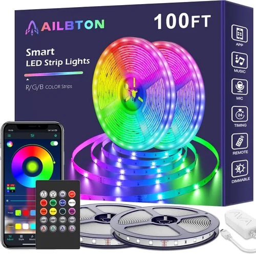Vista 2 de Tira de luces LED de 200 pies (2 rollos de luces LED de 100 pies), ultralarga, con control remoto de voz por aplicación, sincronización de música