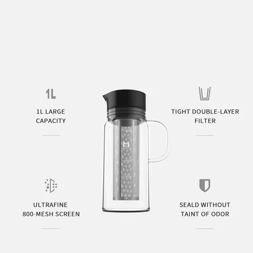Vista 2 de Cafetera de café frío, jarra de café helado de 34 oz/1 L con filtro de acero inoxidable extraíble, jarra de cerveza fría de vidrio para café helado