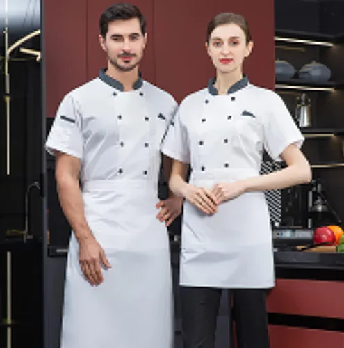Vista 2 de Chaqueta de chef unisex con doble botonadura trasera de malla completa, ligera, costura de color, uniforme de chef