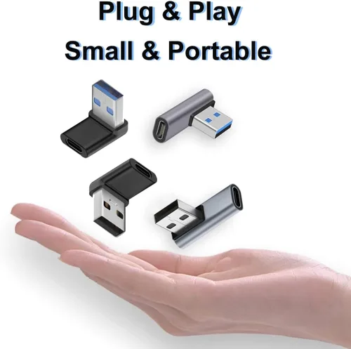 Vista 6 de 4 tipos de adaptadores de 90 grados USB A macho a USB C hembra, vertical arriba y abajo, ángulo izquierdo y recto USB 3.0 a tipo C conector de cable
