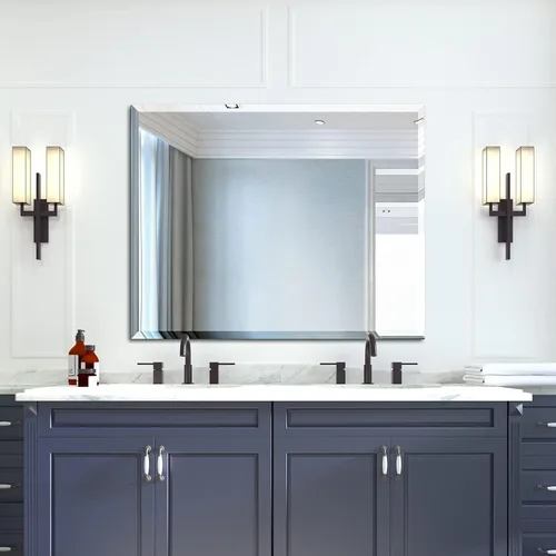 Vista 7 de Mirrorons Espejo biselado, espejos de baño para pared de 40 x 32 pulgadas, espejo de baño rectangular sin marco con borde biselado, se cuelga