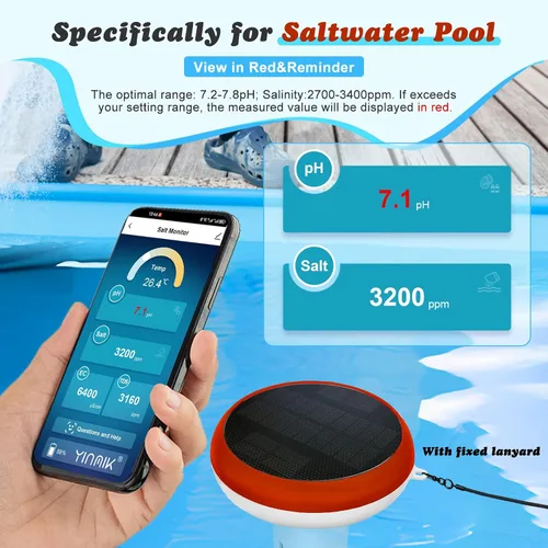 Vista 3 de YINMIK - Monitor inteligente de piscina, lector de sal de piscina con energía solar, medidor digital de sal de pH para piscina de agua salada
