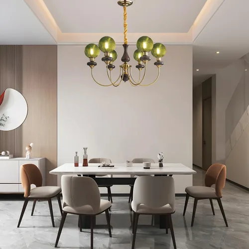 Vista 6 de Candelabro de globo de cristal verde con 6 luces, lámpara colgante moderna de mediados de siglo, lámpara colgante Art Deco para comedor, cocina