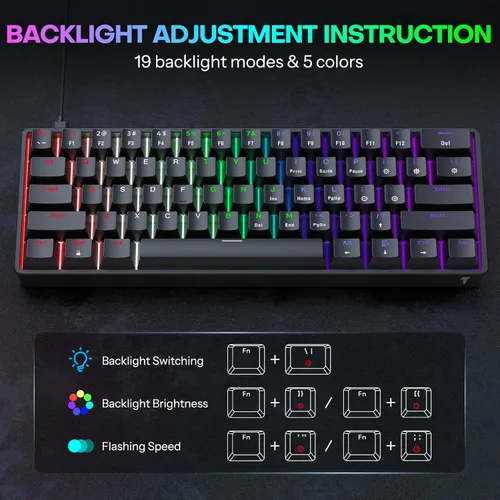 Vista 8 de TECURS Teclado mecánico compacto 60% para MacWindowsPC, ideal para oficina y juegos, teclado con cable retroiluminado RGB de 61 teclas