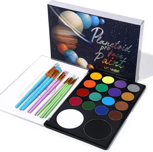 Vista 6 de UCANBE Kit de pintura facial + 10 pinceles de pintura activada por agua, paleta de maquillaje SFX para cosplay, Halloween, kits de pintura facial