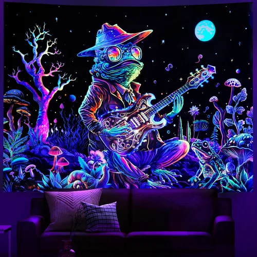Vista 4 de Galoker - Tapiz de luz negra con rana, tapiz de hongos neón de fantasía, tapiz de plantas florales reactivas a los rayos UV, tapiz de pared