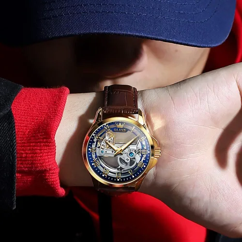 Vista 29 de OLEVS Relojes de esqueleto para hombre, automático, mecánico, de lujo, de cuero, impermeable, luminoso, reloj de pulsera para hombre