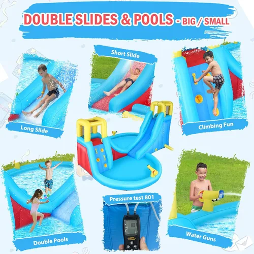 Vista 4 de AKEYDIY Toboganes acuáticos inflables, estilo circular al aire libre parque acuático inflable con escalada, borde de baloncesto, piscina