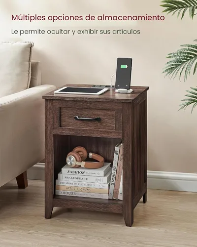 Vista 5 de VASAGLE Colección LIRY - Mesita de noche de granja con estación de carga, mesa de cabecera, mesa auxiliar con cajón, compartimento abierto