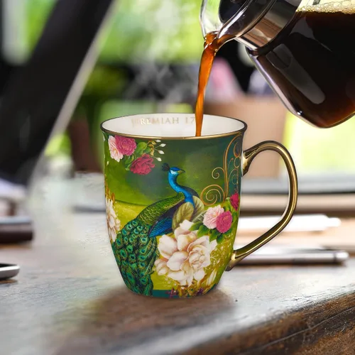 Vista 4 de Taza de café de cerámica azul pavo real de Christian Art Gifts con acentos dorados – Taza de 14 oz. libre de plomo y cadmio, taza inspiradora