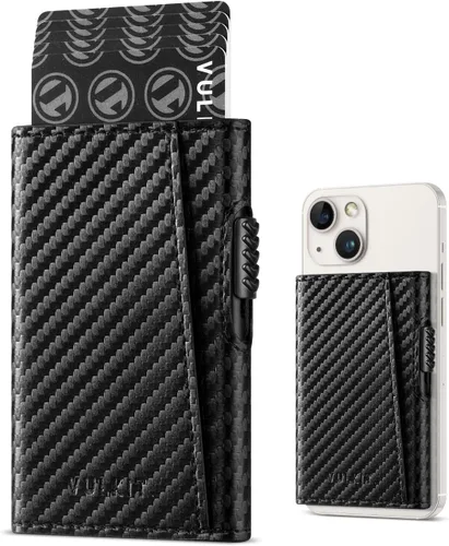 Vista 8 de VULKIT Cartera magnética para tarjetas de teléfono, funda delgada de cuero desplegable con bloqueo NFC/RFID, compatible con iPhone serie Negro
